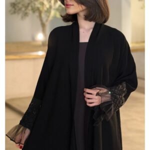 VELORA عباية رهف السوداء نص كلوش بأكمام شيفون مطرزة ولمسة فاخرة