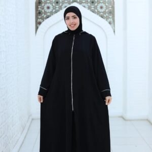 SIDRAALMONTAHA عباية موديل الفيروز بكابشوه مع قميص وبنطلون وايد ليج اسود فضي 3 قطع